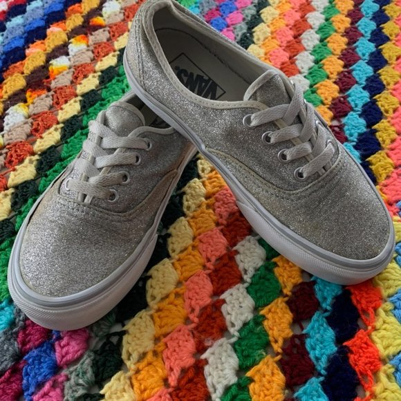Vans Authentic Metallic Silver Glitter Lace Up Flat Skate Sneaker Waffle… - Picture 2 of 11